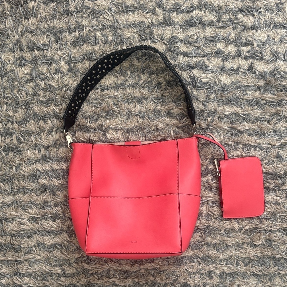 Colab Coral Shoulder Bag with Matching Zippered Pouch Silver Hardware